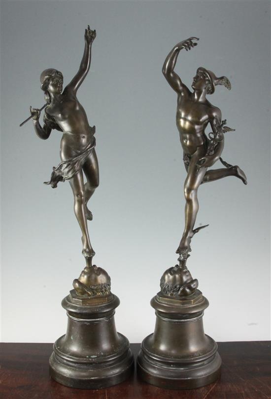 After Giambologna. A pair of bronze figures of Mercury and Companion, 26in.